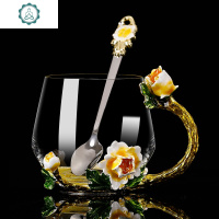 欧式珐琅彩水杯水壶套装花茶杯水晶玻璃杯大号凉水壶水具果汁杯子 封后 简装-繁花似锦高+珐琅勺