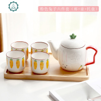 日式可爱家庭客厅冷水壶水杯子茶壶整套家用陶瓷水具套装 封后 粉色兔子杯*4