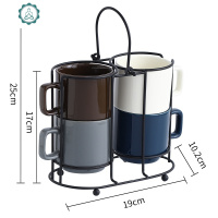 陶瓷家用喝水杯叠叠杯套装北欧ins简约组合水具几何带金属收纳架 封后 金色架子+四个叠叠杯