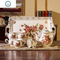 欧式陶瓷水具套装家用冷水壶耐热凉水壶创意杯子结婚茶具礼品套装 封后 欧式*盛世玫瑰(2杯2碟1架)米黄普包