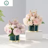创意小清新家居饰品摆设装饰客厅卧室书房茶几餐桌花金属陶瓷摆件 封后 白绿康乃馨绿陶双耳金架