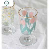 ins同款郁金香小雏菊高脚杯金边印花玻璃杯果汁杯复古浪漫矮脚杯 封后 小雏菊无金边玻璃杯