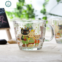 喝水卡通玻璃杯小带把儿童可爱水杯茶杯家用杯子早餐杯玻璃牛奶杯 封后 黑猫+防尘杯盖小号220ml