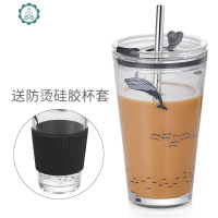 家用杯子玻璃杯奶杯钢化茶杯牛奶杯网红水杯奶茶杯带吸管ins带盖 封后 (冰淇淋图案)杯+不锈钢吸管+杯套+吸管刷