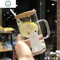 简约创意大容量玻璃杯个性潮流可爱水杯子女男马克杯带把盖勺吸管 封后 么么猫(竹盖+勺+吸管+垫+刷)
