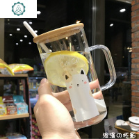 简约创意大容量玻璃杯个性潮流可爱水杯子女男马克杯带把盖勺吸管 封后 [加厚款]么么猫(带瓷盖+勺)