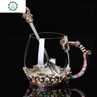 皇冠珐琅彩水杯花茶杯套装茶杯创意欧式耐热玻璃杯带勺盖 封后 紫色皇冠矮+珐琅勺+礼盒