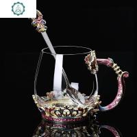 皇冠珐琅彩水杯花茶杯套装茶杯创意欧式耐热玻璃杯带勺盖 封后 简装-紫色皇冠矮+珐琅勺