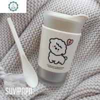 杏色&奶白!小羊咖啡玻璃杯水杯简约可爱日系学生带搅拌勺不烫手 封后 爱心问号小羊奶白色