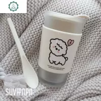 杏色&奶白!小羊咖啡玻璃杯水杯简约可爱日系学生带搅拌勺不烫手 封后 爱心问号小羊奶白色
