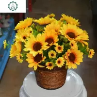 仿真花束向日葵太阳花舞蹈道具室内家居餐厅电视柜装饰绢假花摆件 封后 黄色圆草盆+4束向日葵仿真植物