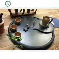 乌金石石头茶盘简约石材排水圆形石磨茶台功夫茶海茶具茶室家用 封后 石墨60*55