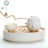 竹制陶瓷迷你长方形小茶盘日式储水办公便携茶海托盘干泡台大小特 封后 小绿圆一壶二杯茶具
