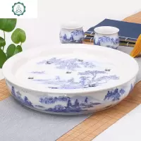 景德镇青花瓷陶瓷茶盘家用圆形嵌入式储水干泡托盘茶台茶海简约 封后 茶盘-双层-黄云龙茶具