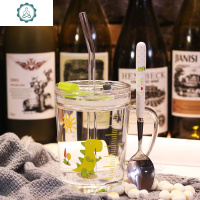 儿童牛奶杯带刻度玻璃吸管有把手微波炉可加热宝宝早餐大容量ins 封后 小恐龙(盖+玻璃吸管)+专属勺玻璃杯