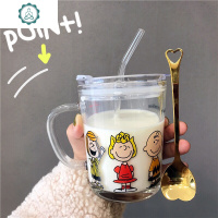 ins网红牛奶吸管水杯子带把手刻度韩国少女心透明玻璃杯女学生萌 封后 带把手.史露比+吸管+勺
