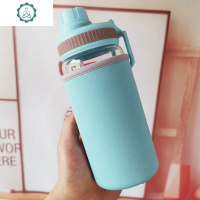 冲奶粉专用杯 刻度 儿童泡牛奶带玻璃有把手防摔微波炉可加热陶瓷 封后 蓝色长颈鹿熊500ml+专用杯套杯刷玻璃杯