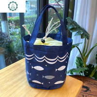 韩式简约圆形饭盒上班族带饭汤碗轻便不锈钢泡面碗带盖碗学生宿舍 封后 简约防水布圆形饭盒袋蓝鱼系带口保温内胆