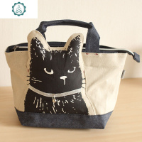 可爱 立体 牛仔蓝色黑咪 棉布饭盒包 小拎包 便当包 封后 米白色