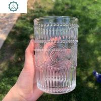 送樱花勺 复古风浮太阳花金边玻璃杯果汁饮料ins风笔筒化妆刷桶 封后 透明高款[360ml]送樱花勺