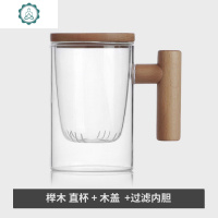 木柄泡茶杯耐热加厚玻璃水杯带盖家用茶水分离过滤花茶绿红茗茶杯 封后 榉木直杯D款无杯垫有内胆玻璃杯