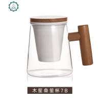 日式玻璃杯创意带盖个性水杯办公室茶水分离文艺泡茶杯子陶瓷内胆 封后 木笙叄笙杯7B