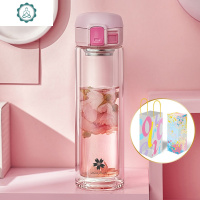  创意泡茶随手花茶杯女 学生家用网红便携双层玻璃水杯子 封后 380ML马卡龙弹盖-蛋白粉礼盒套装