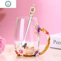 珐琅彩水杯小清新雏菊杯子个性潮流玻璃杯轻奢欧式花茶杯带盖 封后 水晶款雏菊高杯简装+珐琅勺