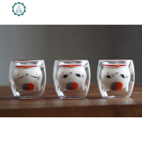 创意日式风格耐热玻璃 龙猫 猫咪双层杯 卡通可爱 猫杯牛奶杯水杯 封后 [猫咪杯三只装]微笑+坏笑+眯眼玻璃杯