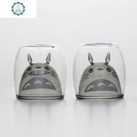 创意日式风格耐热玻璃 龙猫 猫咪双层杯 卡通可爱 猫杯牛奶杯水杯 封后 [龙猫杯杯二只装]呆萌+大笑玻璃杯
