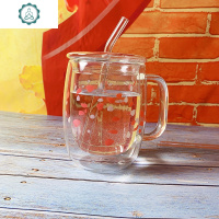透明隔热双层玻璃杯带盖耐热吸管杯奶昔杯果汁冰淇淋杯办公室水杯 封后 双层樱花把杯+有孔玻璃盖+吸管无胶圈盖子哦