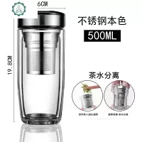 水杯男士玻璃杯双层隔热透明商务车载女大容量茶水分离泡茶杯 封后 500ml钢本色
