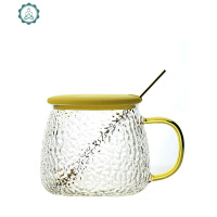 日式网红金边锤纹酸奶麦片早餐杯个性大容量耐热水杯茶杯啤酒杯子 封后 黄色手柄款+金圆勺+硅胶盖(可开水可微波炉
