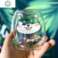 创意水杯日式萌宠柴犬杯儿童杯子双层玻璃杯子果汁咖啡早餐牛奶杯 封后 白色柴犬杯可代写贺卡