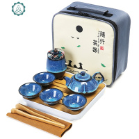 旅行茶具茶套装家用便携式车载紫砂建盏功夫茶壶茶杯茶盘茶叶罐 封后 2087-10头蓝珀圆扁壶-白方盘罐巾夹旅行包