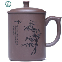 正宗宜兴原矿紫砂杯泡茶陶瓷杯刻字茶杯茶具水杯非水杯子带盖 封后 紫泥雪压竹低头