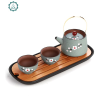 手绘紫砂快客杯茶壶一壶二四杯 功夫茶具整套户外便携 旅行包套装 封后 一壶两杯绿色款+茶盘