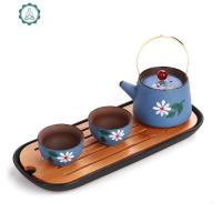 手绘紫砂快客杯茶壶一壶二四杯 功夫茶具整套户外便携 旅行包套装 封后 一壶两杯蓝色款+茶盘