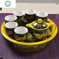 景德镇陶瓷功夫茶具 整套紫砂茶具套装 茶具双层隔热茶盘茶杯茶壶 封后 双层杯黄海浪+瓷茶盘泡沫包装
