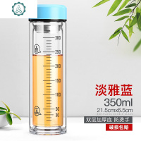 双层玻璃杯带刻度杯子女成人牛奶杯泡奶家用糖耐测量水杯透明带盖 封后 淡雅蓝350ml带刻度