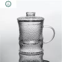 耐热加厚玻璃茶杯带过滤 家用玻璃茶杯带把带盖办公室泡茶杯套装 封后 锤纹玉竹杯350ml玻璃茶漏玻璃杯