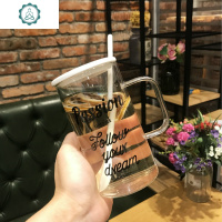 早餐玻璃杯带把大容量水杯子简约女咖啡杯家用透明茶杯吸管马克杯 封后 黑英文(瓷盖+瓷勺)