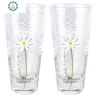 手绘小雏菊日式锤目纹玻璃杯耐热创意清新酒店家用喝水杯子牛奶杯 封后 高小雏菊锤目纹情侣透明杯2个