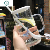 韩国大容量玻璃杯女带把马克杯带盖勺家用早餐牛奶燕麦杯子茶水杯 封后 [550ML]潜水(瓷盖+瓷勺)