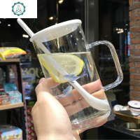 韩国大容量玻璃杯女带把马克杯带盖勺家用早餐牛奶燕麦杯子茶水杯 封后 [550ML]相约+瓷盖+瓷勺+吸管