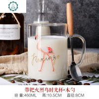 Ins杯子北欧水杯女玻璃杯子带把家用耐热早餐杯早安杯透明牛奶杯 封后 火烈鸟带把+木勺