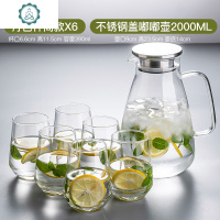 冷水壶凉水壶家用玻璃水壶凉水杯玻璃水杯套装凉茶壶开水壶 封后 2000嘟嘟壶不锈钢盖+月色杯高款6只