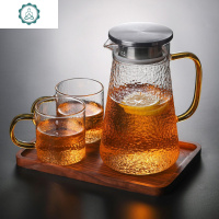 家用凉水壶玻璃冷水壶套装大号容量耐热防爆开水杯果汁 封后 1.3黄把壶+2锤纹杯+中胡桃木盘