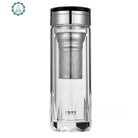 加厚水晶底双层玻璃杯带盖滤网水杯男女车载茶杯便携办公杯子 封后 钻石八角宝石盖-300毫升可刻字