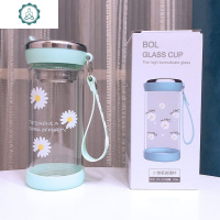 小雏菊双层水杯女带提绳玻璃杯创意便携潮流简约清新可爱学生杯子 封后 绿色小雏菊双层杯320ml送吊绳+杯刷